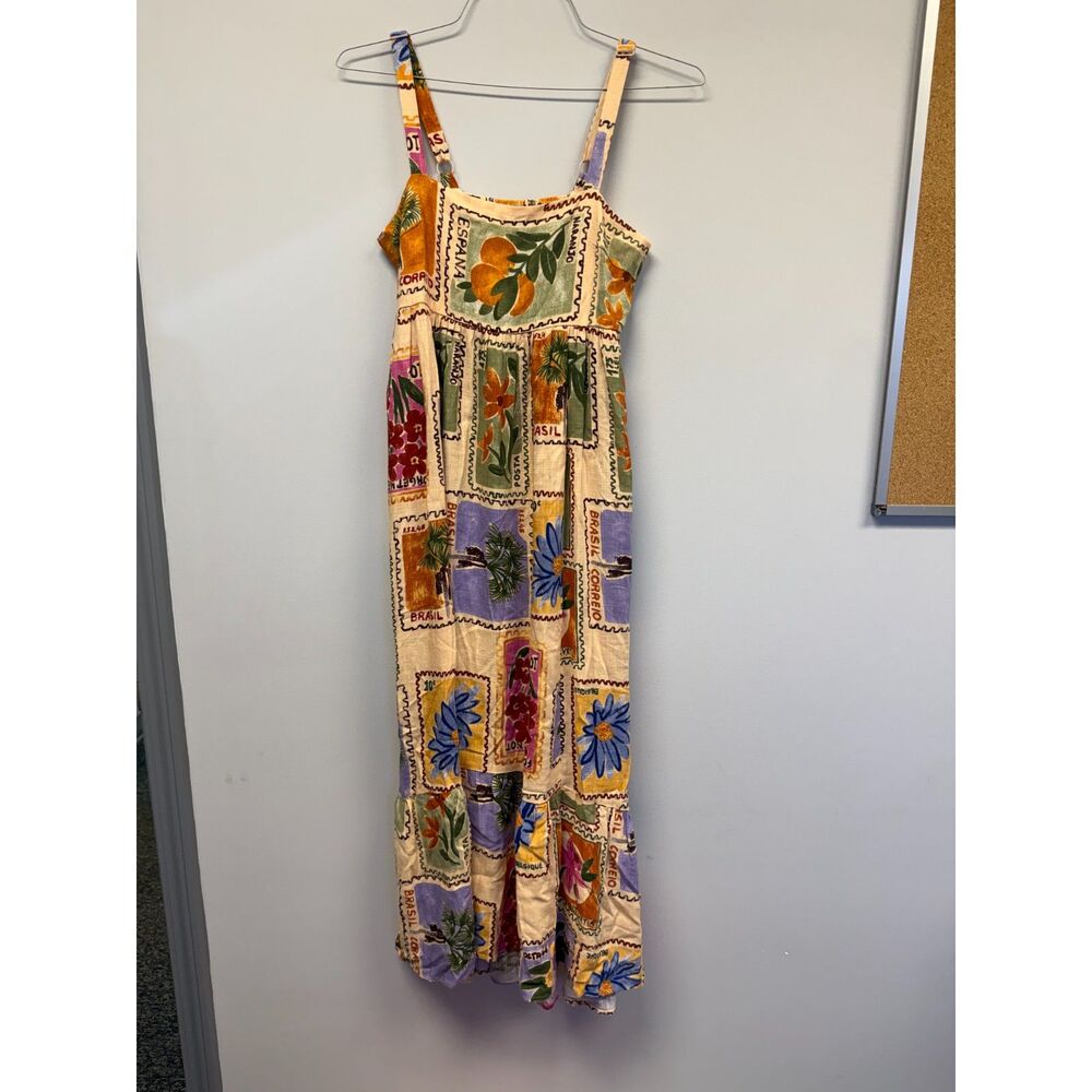 Paper Heart Linen Blend Maxi Dress S Stamp Floral Boho Smocked Sundress NWT
